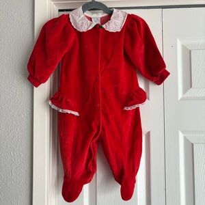 VINTAGE Mothercare Christmas Red Velour Eyelet Ruffle Collar Footie One Piece